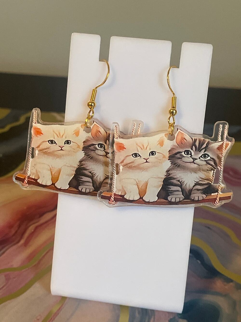 Pink bow witch hat kittens earrings 925 sterling silver